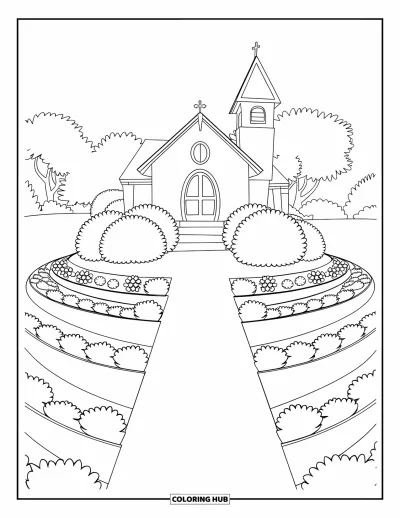 Coloriage d'églises pour enfants : Une église de village sur une colline avec des buissons et des parterres de fleurs de chaque côté