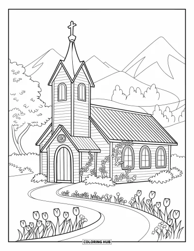 Coloriage d'églises pour enfants : Une église de village avec des vignes et une allée de tulipes menant à l'entrée