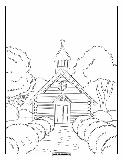Coloriage d'églises pour enfants : Une chapelle en bois avec des buissons et des arbres sous un ciel dégagé