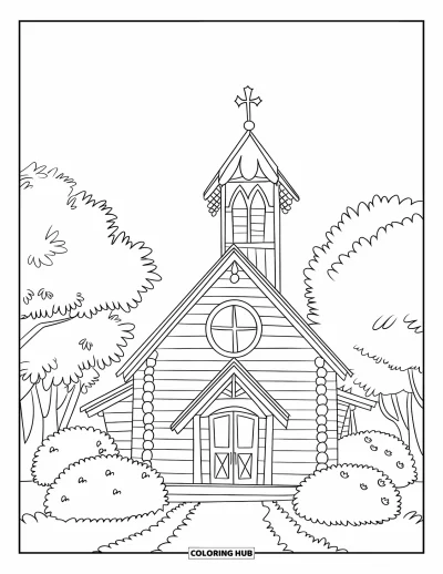 Coloriage d'églises pour enfants : Une chapelle en bois avec des buissons soignés et des contours nets et bien marqués