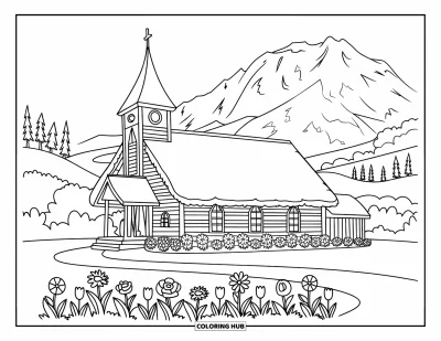 Coloriage d'églises pour enfants : Une église de campagne en bois avec des fleurs alentour et des montagnes rocheuses au loin