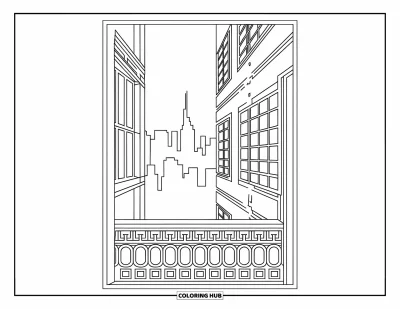 Coloriage de ville pour adultes : Un balcon surplombe une ville aux fenêtres ornées et une bordure décorative en bas