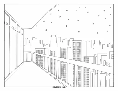 Coloriage de ville pour adultes : Une vue depuis un balcon sur la skyline avec des gratte-ciel aux motifs variés et quelques étoiles