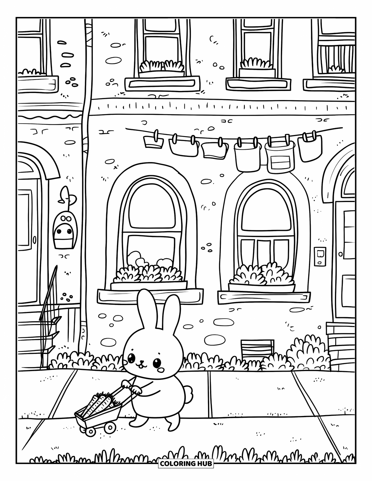 City Coloring Page for Adults: A bunny strolls past rounded homes with a bird mailbox and string-hung laundry