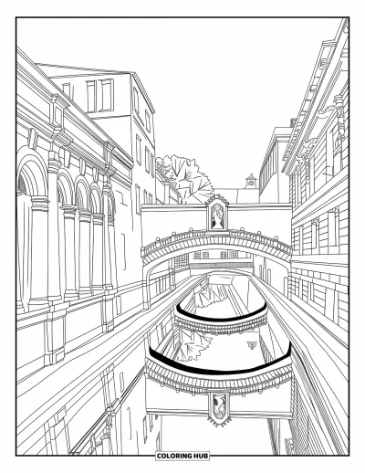 Coloriage de ville pour adultes : Un canal serein serpente entre un quartier historique avec des ponts, des arches et leurs reflets dans l'eau
