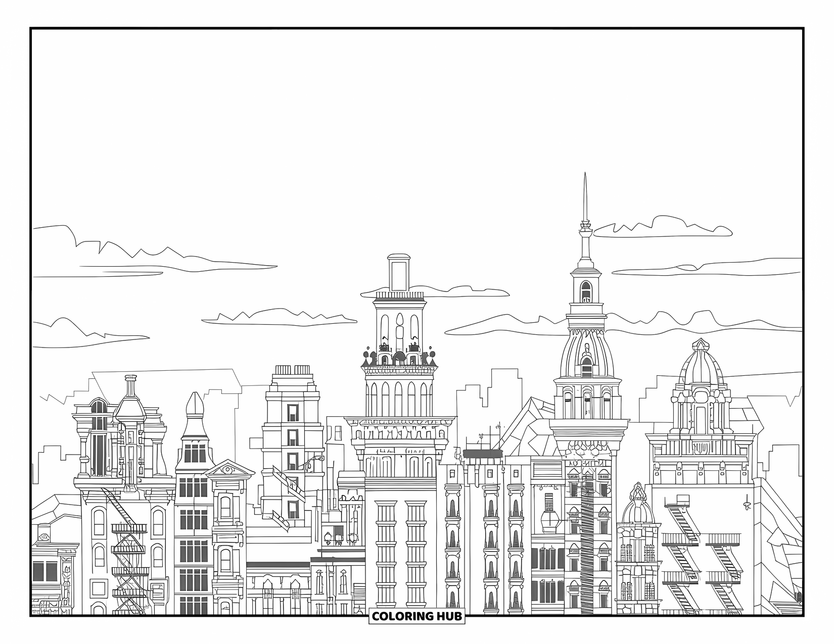 City Coloring Page for Adults: A city skyline with rooftop sculptures, fire escapes, and different tower shapes
