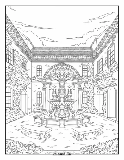 Coloriage de ville pour adultes : Une cour intérieure avec des bâtiments à motifs, des fontaines et un ciel aux nuages doux