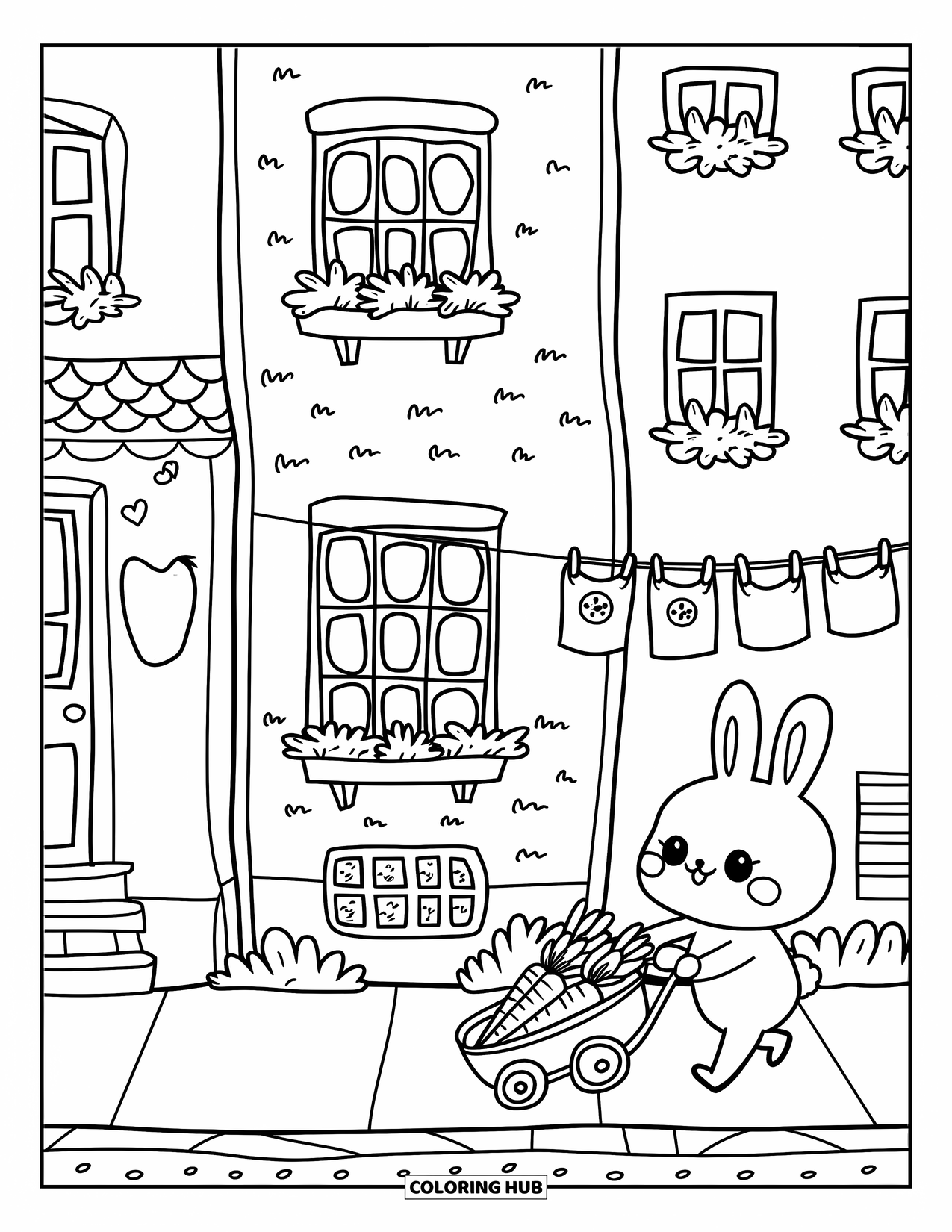 City Coloring Page for Adults: A cute bunny walks by rounded houses with carrots, laundry, and a bird-shaped mailbox