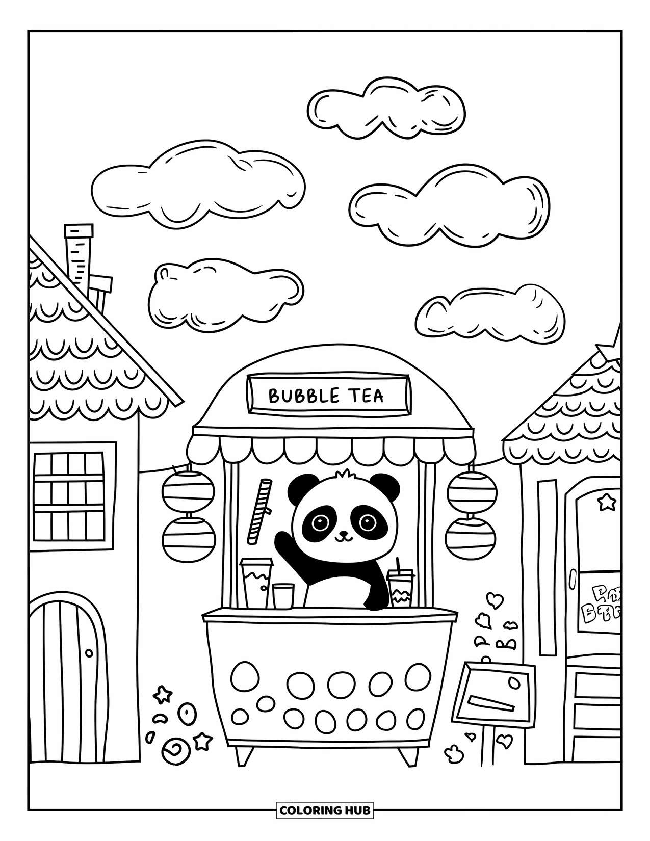 City Coloring Page for Adults: A panda barista waves from a bubble tea stand between tiny buildings under star-shaped clouds