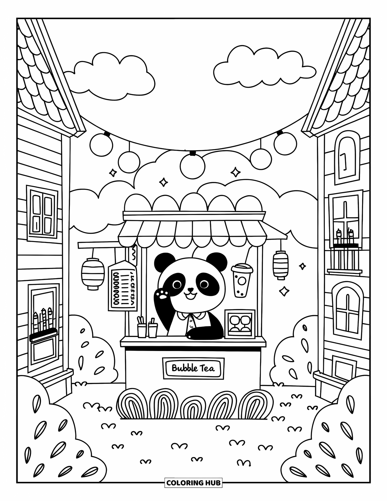 City Coloring Page for Adults: A panda barista waves from a bubble tea stand under star-shaped clouds and lanterns