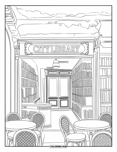 Coloriage de ville pour adultes : Un café rustique avec des livres, des tables rondes et des murs anciens légèrement fissurés