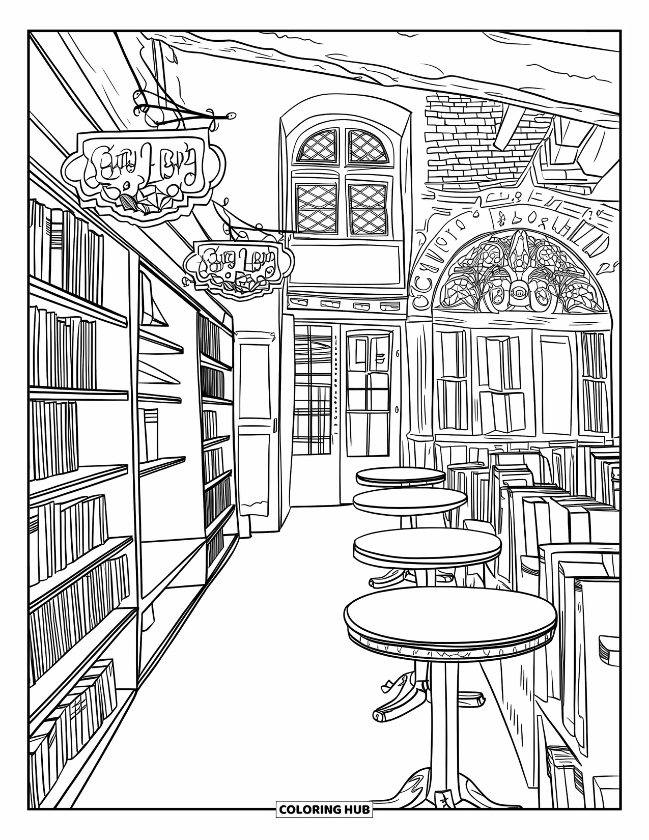 City Coloring Page for Adults: A warm bookstore café with exposed brick, stained glass, and wooden touches