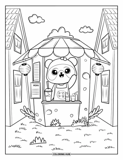 Coloriage de ville pour adultes : Un panda souriant sert du bubble tea depuis un stand douillet avec des lanternes et des nuages flottants