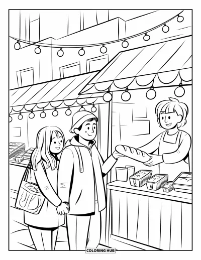 Coloriage de ville pour adultes : Un jeune couple se tient la main dans un marché accueillant pendant qu'un vendeur leur offre du pain chaud