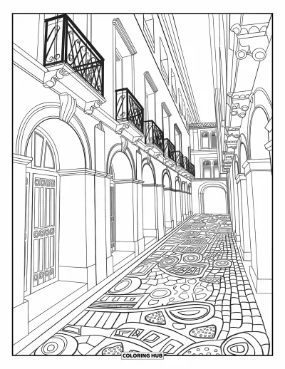 Coloriage de ville pour adultes : Une ruelle ornée d'arches, de moulures et de pavés à motifs entre de grands bâtiments décoratifs
