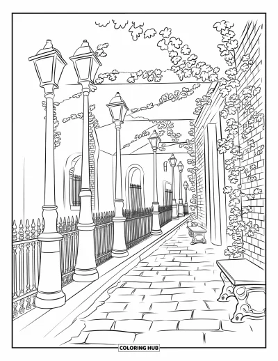 Coloriage de ville pour adultes : Des lampadaires anciens et des bancs longent une rue couverte de lierre avec des portes voûtées et des pavés