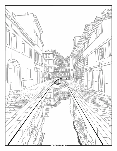 Coloriage de ville pour adultes : Des ponts et des bâtiments se reflètent dans un canal tranquille entouré de ruelles étroites et d'arbres