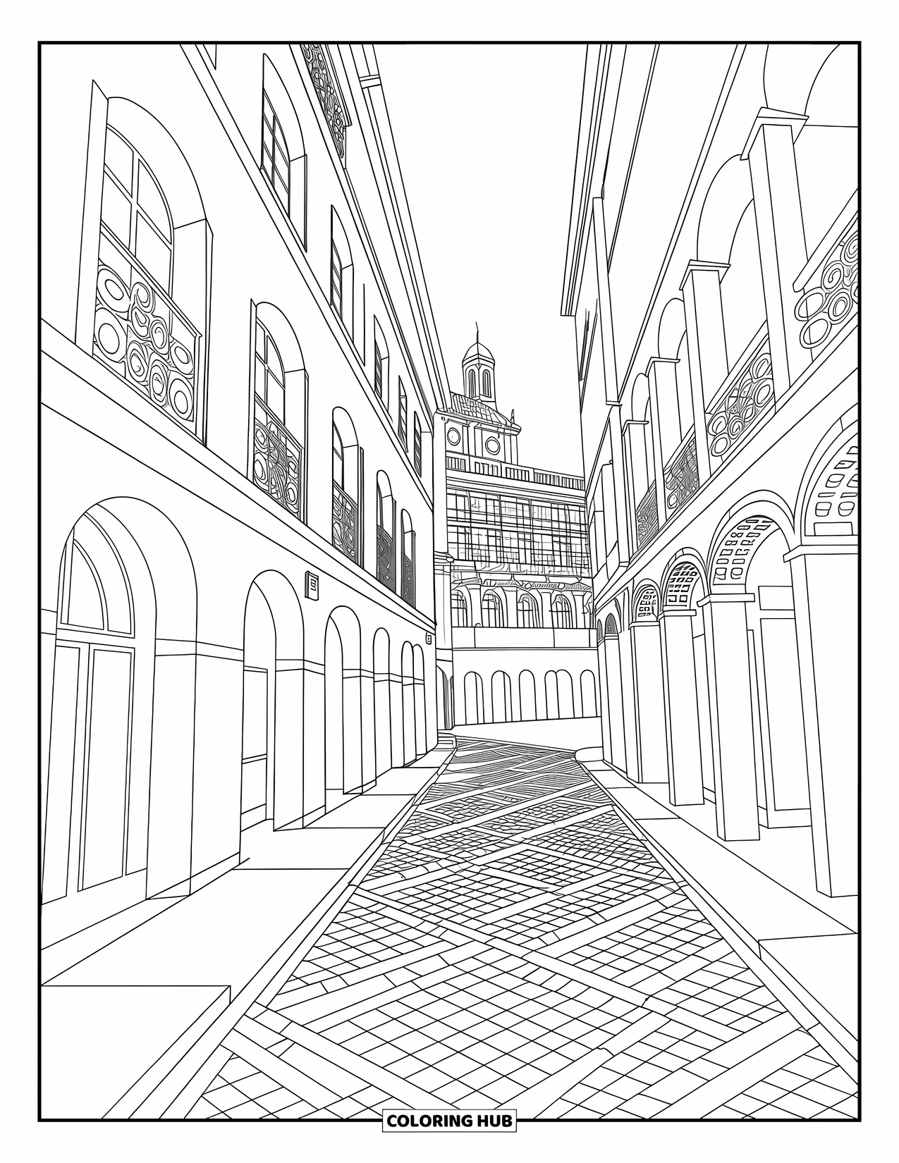 City Coloring Page for Adults: Cobblestone paths lead through a quiet alley with balconies, trees, and a distant clock tower