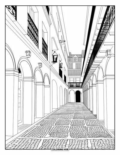Coloriage de ville pour adultes : Des lanternes s'élèvent au-dessus d'une ruelle étroite bordée de portes voûtées et de grands immeubles