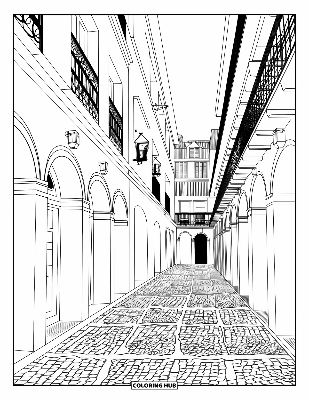 City Coloring Page for Adults: Lanterns hang over a narrow alley lined with arched doors and tall buildings