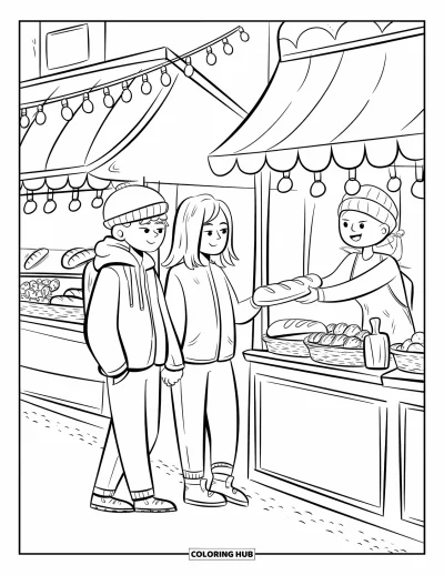 Coloriage de ville pour adultes : Des étals de rue illuminés pendant qu'un couple reçoit du pain d'un vendeur chaleureux