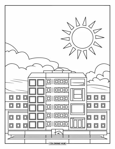 Coloriage de ville pour enfants : Un grand immeuble d'appartements aux fenêtres carrées se dresse sous un soleil souriant