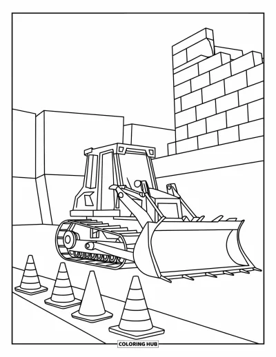 Coloriage de ville pour enfants : Un bulldozer vu de face sur un chantier avec des cônes et des murs de briques inachevés