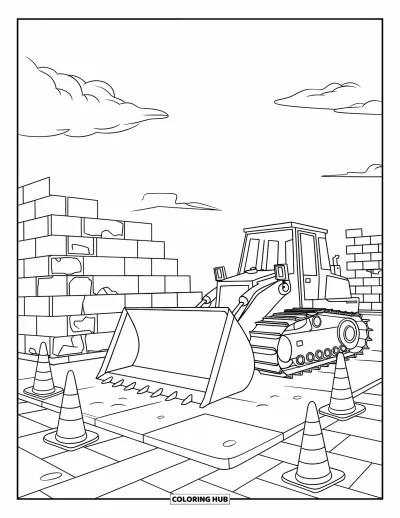 Coloriage de ville pour enfants : Un bulldozer près de murs en briques et de cônes sous un ciel aux nuages légers