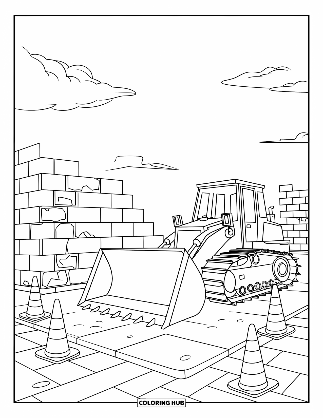 City Coloring Page for Kids: A bulldozer sits near brick walls and cones under a sky with soft clouds