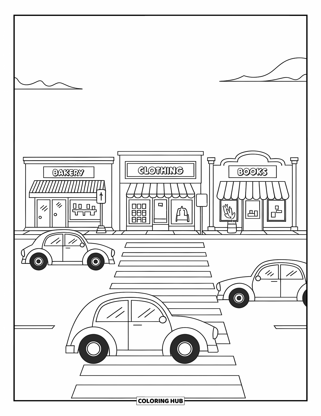 City Coloring Page for Kids: A busy street has three cars, a crosswalk, and stores labeled bakery, clothing, and books