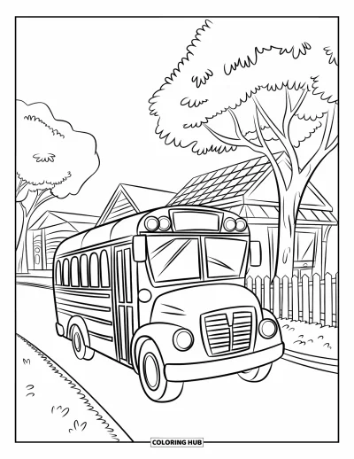 Coloriage de ville pour enfants : Un bus scolaire joyeux aux grandes fenêtres roule devant un arbre et une clôture en bois