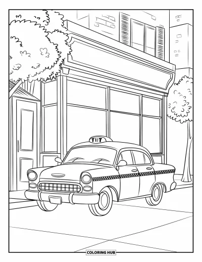 Coloriage de ville pour enfants : Un taxi joyeux s'arrête devant une boutique en ville, près d'arbres, de trottoirs et d'autres bâtiments
