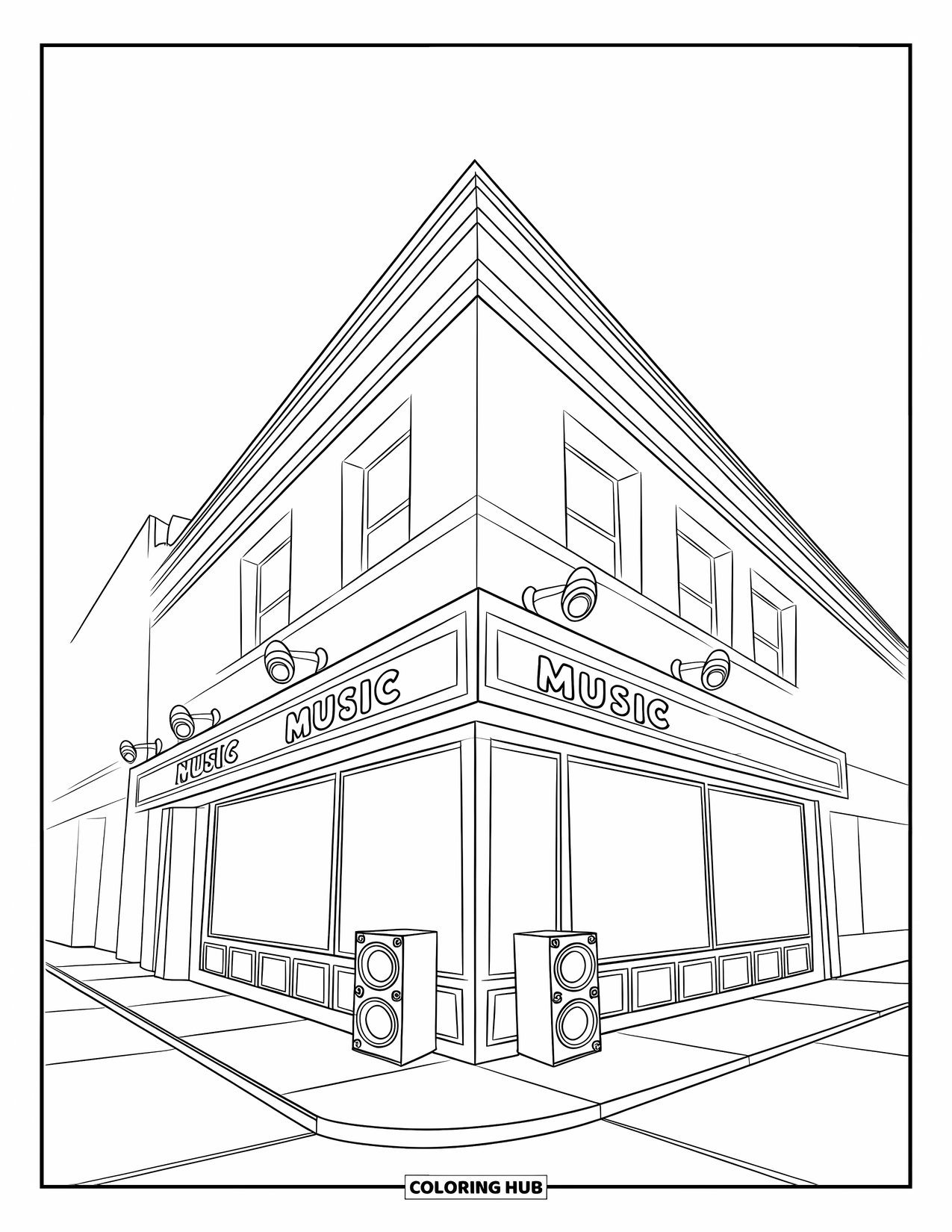 City Coloring Page for Kids: A corner building houses a music store with speakers outside and paved ground below