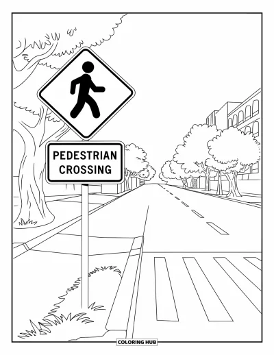Coloriage de ville pour enfants : Un panneau piéton avec une silhouette marchante se dresse le long d'une route bordée d'arbres et de bâtiments