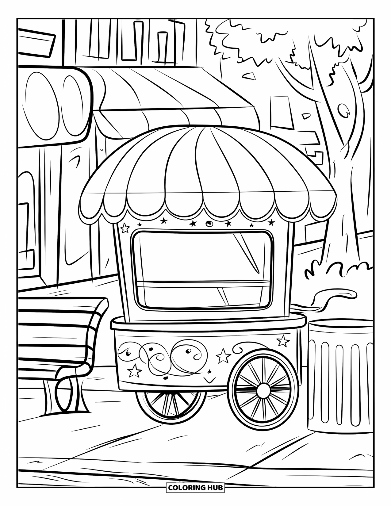 City Coloring Page for Kids: A decorated ice cream cart with stars and swirls is parked near a bench and trees