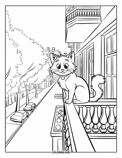 Coloriage de ville pour enfants : Un chat duveteux de la ville est assis sur le garde-fou d'un balcon, observant une rue paisible bordée d'arbres