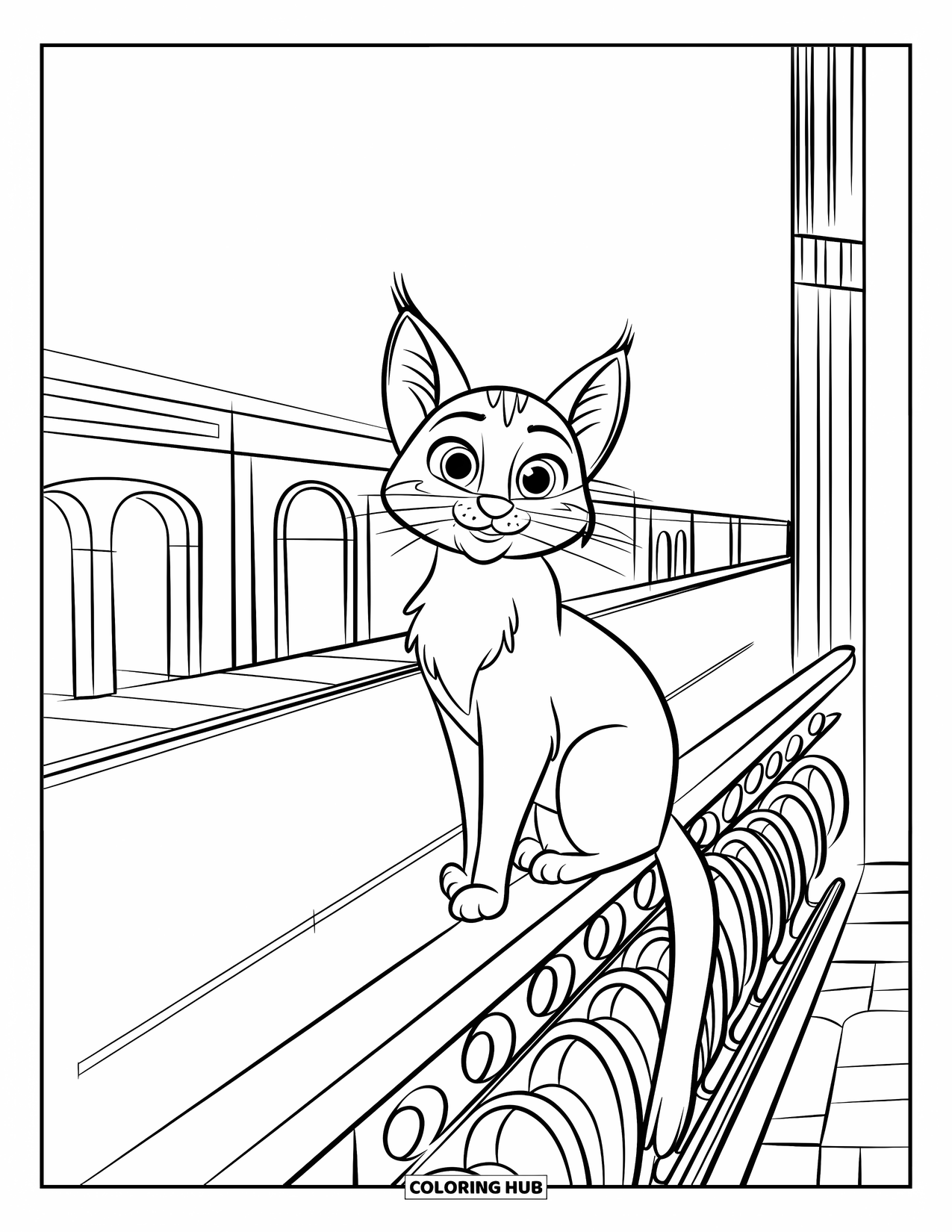 City Coloring Page for Kids: A fluffy-tailed cat sits alert on a balcony overlooking buildings with arched entrances