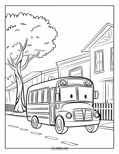 Coloriage de ville pour enfants : Un sympathique bus scolaire passe devant une clôture, un arbre et deux bâtiments simples