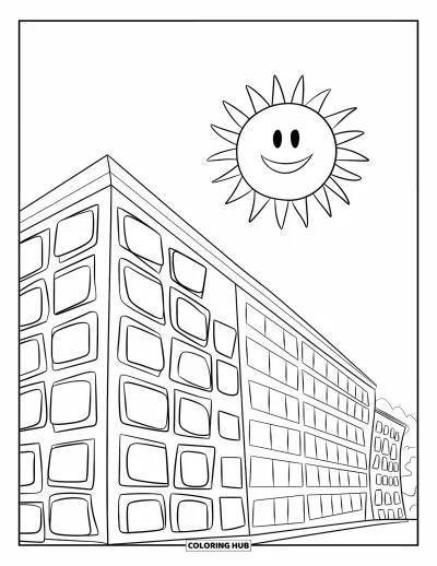 Coloriage de ville pour enfants : Un grand immeuble aux fenêtres carrées se dresse fièrement sous un soleil souriant