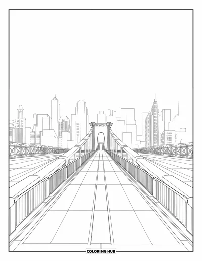 Coloriage de ville pour enfants : Un pont à plusieurs voies avec des allées piétonnes et des gratte-ciel aux designs originaux au loin