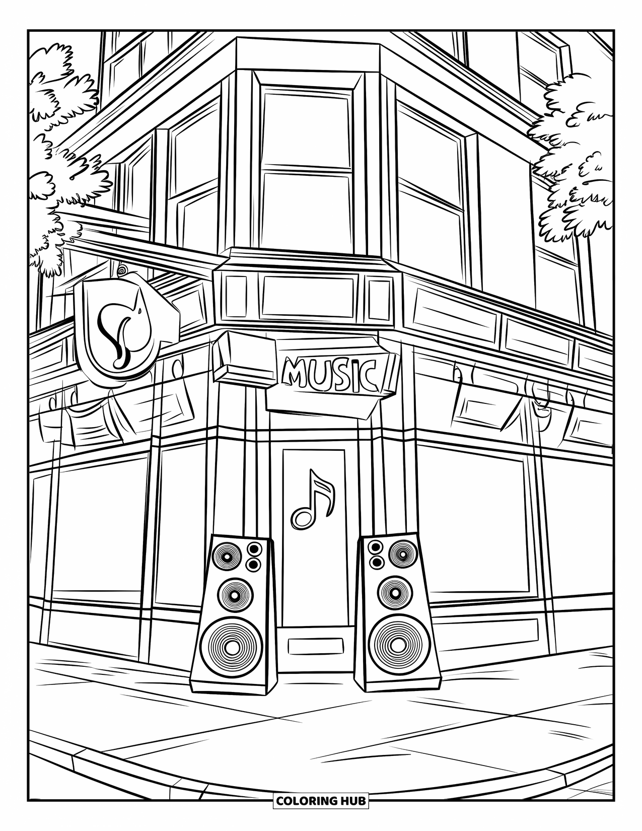 City Coloring Page for Kids: A music store on a corner building features outdoor speakers, trees, and a sidewalk