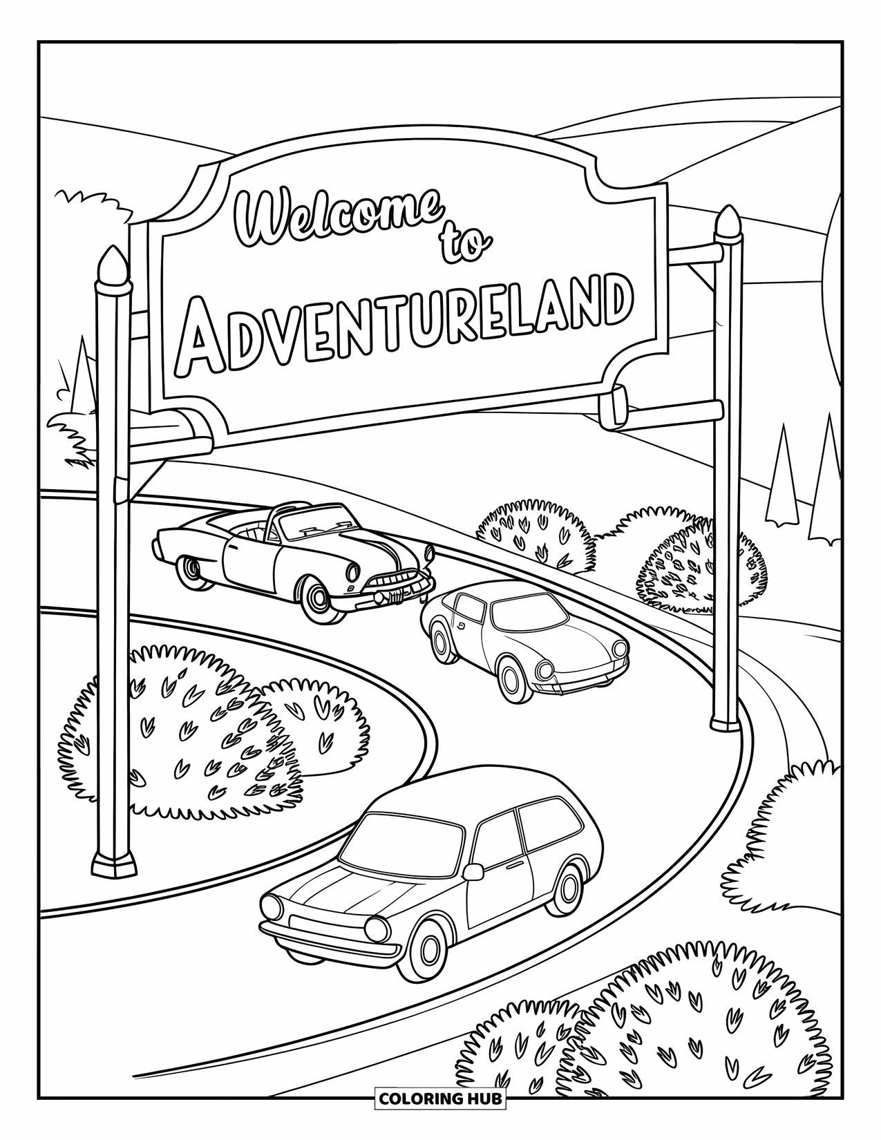 City Coloring Page for Kids: A roundabout with a welcoming sign, bushes, and three cars in unique styles