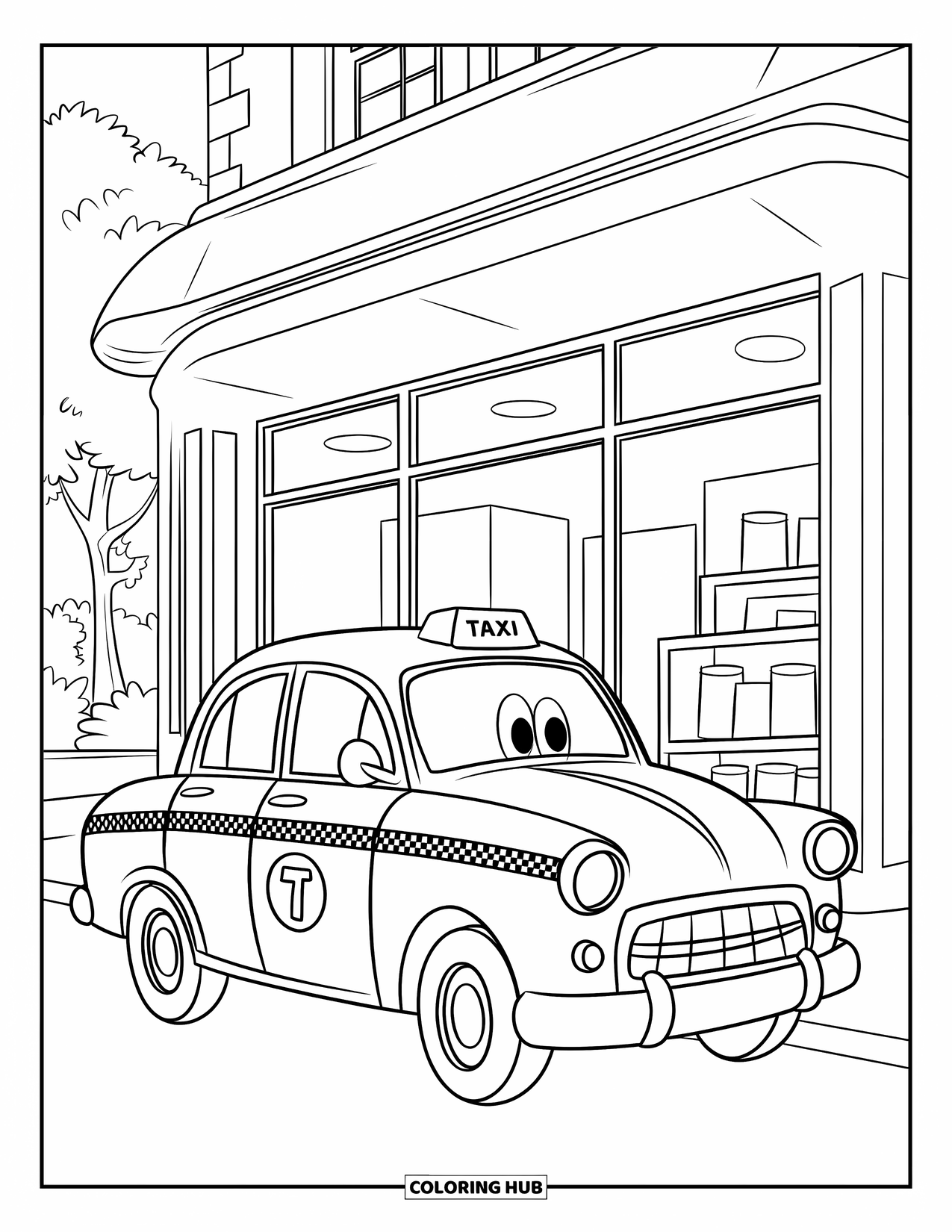 City Coloring Page for Kids: A rounded taxi with a number on top sits outside a shop near trees and sidewalk