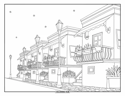 Coloriage de ville pour enfants : Une rangée d'appartements chaleureux avec balcons, plantes en pot et lampadaires allumés