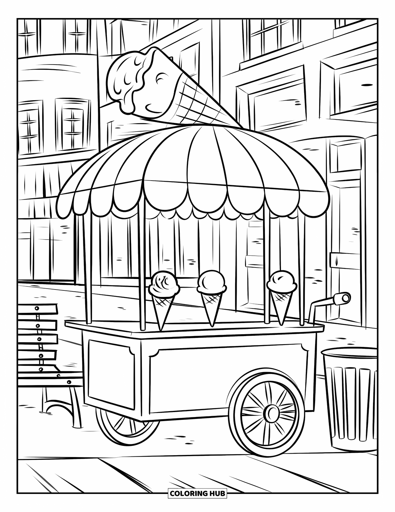 City Coloring Page for Kids: A smiling cone tops a cute ice cream cart near a bench and city buildings