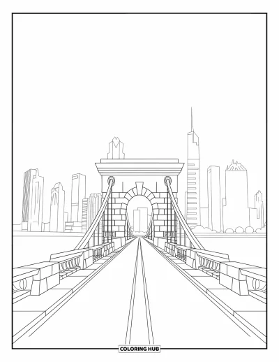 Coloriage de ville pour enfants : Un pont en pierre avec des voies de circulation, des trottoirs et une vue sur l'eau calme