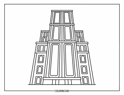 Coloriage de ville pour enfants : Un immeuble élancé aux grandes fenêtres et nombreux étages se dresse seul dans la rue