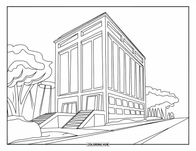 Coloriage de ville pour enfants : Un immeuble élancé avec escalier, arbres et une route à proximité borde une rue tranquille