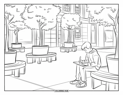 Coloriage de ville pour enfants : Un adolescent dessine tranquillement dans une cour intérieure avec des arbres, des bancs et des bâtiments alentour