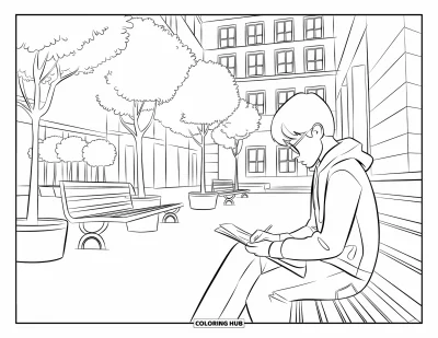 Coloriage de ville pour enfants : Un adolescent croque calmement dans une cour de ville entourée de bancs et d'arbres en pot
